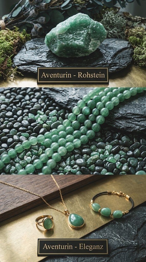 Collage Aventurin by DAVUTA Edelsteinlexikon Collage mit Aventurin von Rohstein bis Schmuck