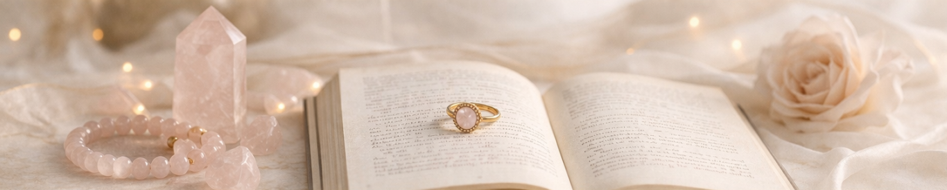 Offenes Buch mit goldener Verzierung, umgeben von blassrosa Blumen und sanften Lichtern.