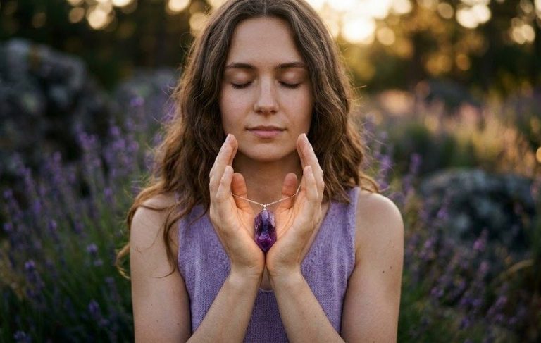 Frau bei Meditation mit Amethystkette Frau mit Amethystkette beim Meditieren