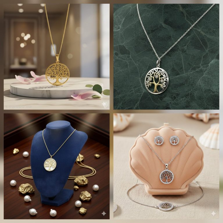 Vier Schmuckstücke: filigrane Anhänger in Gold und Silber, stilisierte Baum- und Kreismuster.