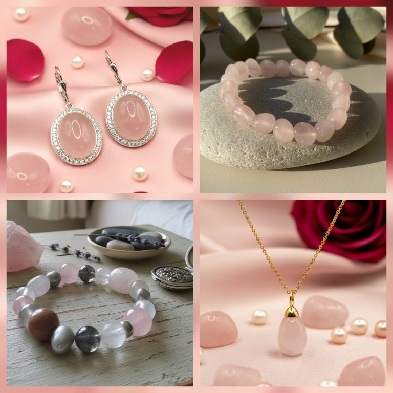 Verschiedene Schmuckstücke: Ohrringe, Armbänder und eine Halskette auf rosa Hintergrund.