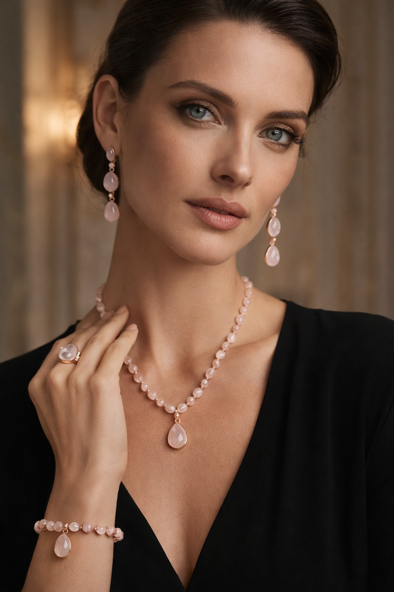 Model mit schwarzem Shirt und Rosenquarzschmuck
