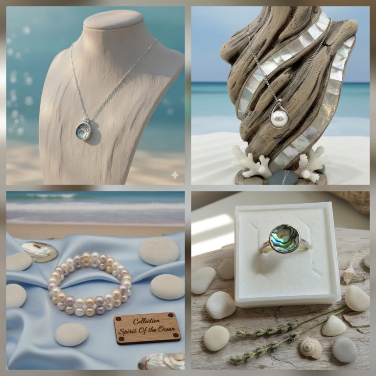 Kollage aus Schmuckstücken: Kette, Armband, Ring und dekorative Muscheln.