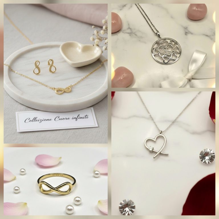 Eine Collage aus Schmuckstücken: Ringe, Halsketten und Ohrringe in eleganten Designs.